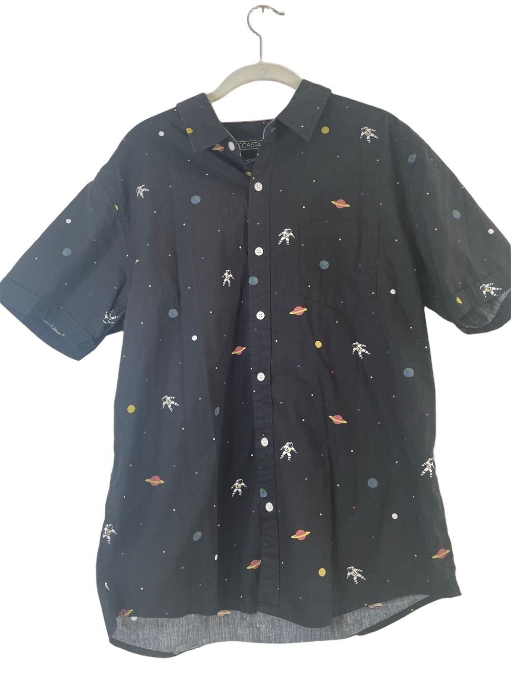 Coastal Black Space-Print Short Sleeve Shirt cotton astronaut planets size L